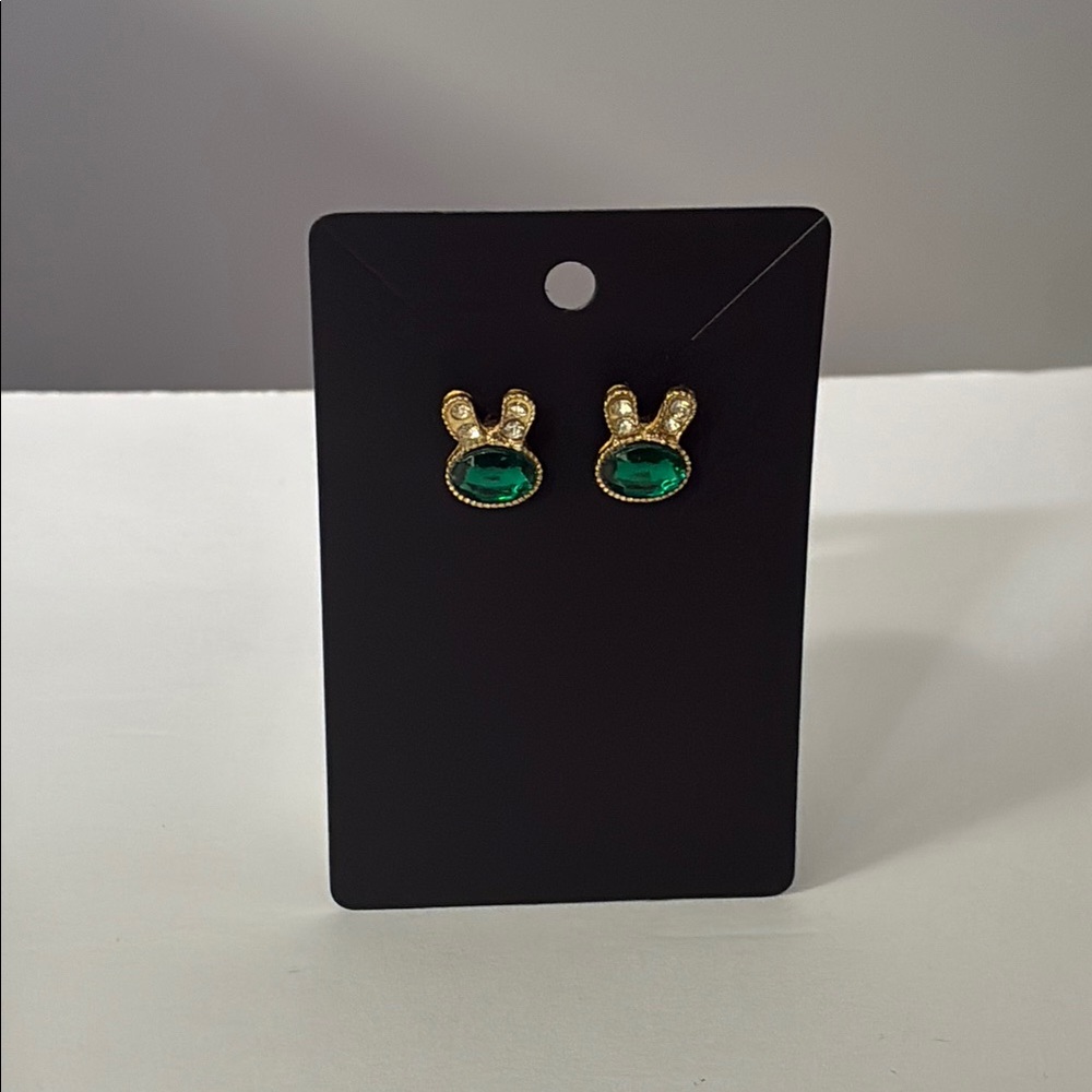 🌿✨Bunny Stud Earrings – Gold Finish with Emerald Green & Crystal Accents